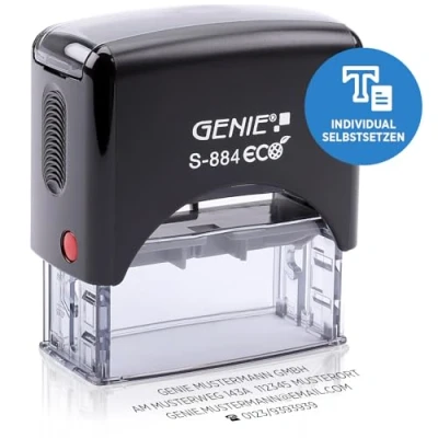 Abbildung von GENIE S 884 ECO Stempel Set mit Stempelkissen Adressstempel Automatikstempel Firmenstempel Selbstfärbender Mini Bürogerät Robust &amp; Personalisierbar Buchstaben, Zahlen Zeichen