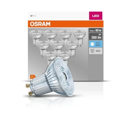 Abbildung von Osram LED Base PAR16 Reflektorlampe, mit GU10 Sockel, nicht dimmbar, Ersetzt 50 Watt, 36 Ausstrahlungswinkel, Kaltweiß Kelvin, 10er Pack