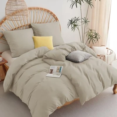 Abbildung von WAVVE Bettwäsche 135x200 4teilig Beige Bettbezüge 135 x 200 2er Set mit Kissenbezüge 80x80 cm, Sets 135x200cm aus Mikrofaser Reißverschluss Weich