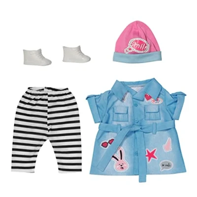 Abbildung von BABY born Deluxe Jeans Kleid, Puppenkleid mit gestreifter Leggings, rosa Mütze und Schunen für 43 cm Puppen, 832585 Zapf Creation