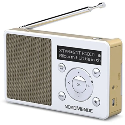Abbildung von Nordmende Transita 100 tragbares und empfangsstarkes DAB Radio (DAB+, UKW, FM, Lautsprecher, Kopfhörer Anschluss, Favoritenspeicher, OLED Display, Akku, klein, tragbar) weiß