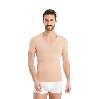 Abbildung von FINN Figurformendes Kompressions Shirt Herren mit Bauchweg Effekt Kurzarm Shapewear Unterhemd aus Baumwolle Body Shaper für einen flacheren Bauch Hautfarbe Nude L