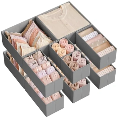 Abbildung von SONGMICS Aufbewahrungsbox für Schublade, 12er Set, Schubladen Organizer, Faltbox, Unterwäsche Stoffbox Socken, Unterwäsche, BHs, Krawatten und Schals, taubengrau RDZ006G02