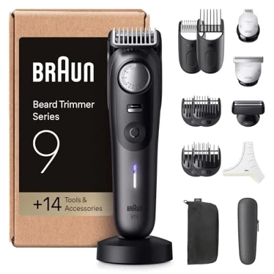 Abbildung von Braun Barttrimmer Series 9, Mit 14 Barber Tools, Power Boost &amp; Lebenslang scharfe ProBlade Klinge, 180 Min Akkulaufzeit, Fade, 52 Längen, Präzisionsrad Verriegelung, Wasserdicht, BT9565, Titan