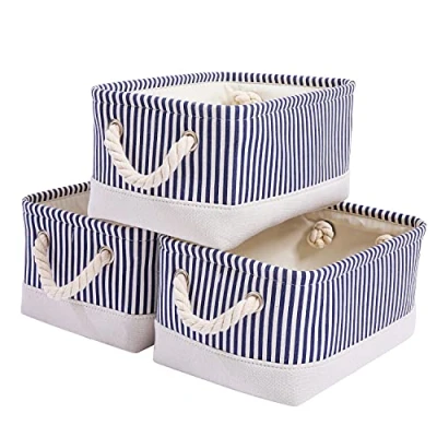Abbildung von Mangata Faltbare Stoff Aufbewahrungsboxen Für Zubehör, Spielzeug, Kleinigkeiten, 3er Pack (Blauer Streifen, Klein)