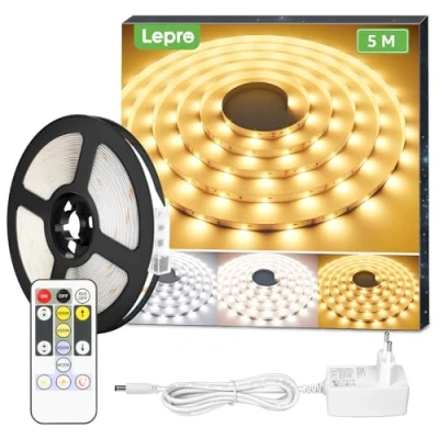 Abbildung von Lepro LED Strip 5M Set Dimmbar,Warmweiß bis Kaltweiß Streifen 12V Selbstklebend, Flexibel DIY Band, IP20 Leiste, 300 LEDs SMD 2835, Lichtband für Innen Küche Zimmer Deko