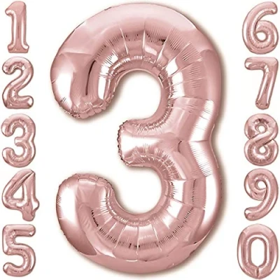 Abbildung von Luftballon 3. Geburtstag Zahl 3 Rosegold XXL Riesen Folienballon 100cm Geburtstagsdeko Mädchen Ballon Deko zum Geburtstag. Fliegt mit Helium.