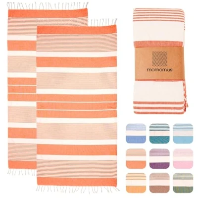 Abbildung von MOMOMUS Pack von 2 Fouta XL oder Strandhandtuch Baumwolle 100% Saugfähig, Ultraweich, Kompakt Ideal als Strandtuch, Hamamtuch und Saunahandtuch Lachs, 90x180cm