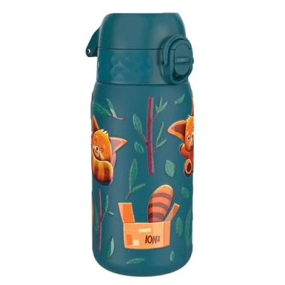 Abbildung von ION8 Kinder Trinkflasche, Edelstahl Leicht 400ml, Nicht Isoliert, Auslaufsicher, Einhandöffnung, Sichere Verriegelung, Spülmaschinenfest, Klappdeckel, Tragegriff, zu Reinigen, Rote Pandas