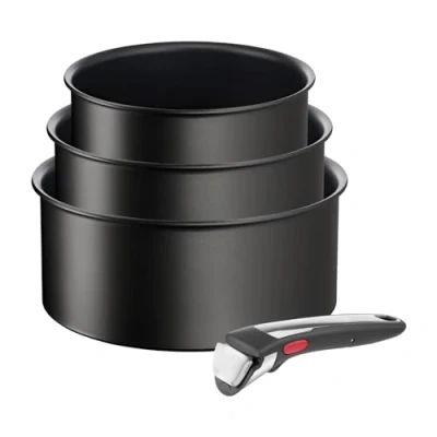 Abbildung von Tefal L39594 Ingenio Unlimited On 4 teiliges Kasserollenset stapelbar Antihaftversiegelung induktionsgeeignet Thermo Signal Temperaturanzeiger Schwarz