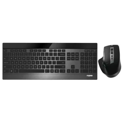 Abbildung von Rapoo 9900M kabelloses Tastatur Maus Set Wireless Deskset 3200 DPI Sensor wiederaufladbarer Akku flaches Aluminium Design DE Layout QWERTZ PC &amp; Mac schwarz