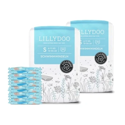 Abbildung von LILLYDOO hautfreundliche Einweg Schwimmwindeln für Babys, Größe S (6 11 kg), 2 Packungen (40 Stück) mit Unterwasser Design, Windeln sicheren Schutz im Wasser