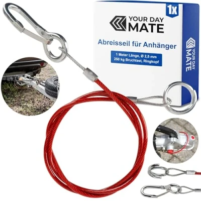 Abbildung von Abreisseil für Anhänger, 1 Set, Meter x Ø 2,5 mm Stahlseil mit Karabiner und Doppelring, 250 kg Bruchlast, in Rot, alle Arten von gebremsten Anhängern Wohnwagen, ummanteltes Fangseil AHK