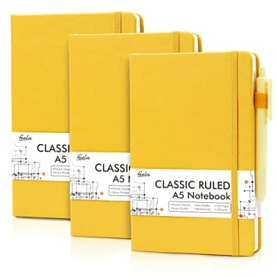 Abbildung von feela Notizbuch A5 liniert Hardcover, 3 Notizbücher Set, Journal Buch mit Gelstifte schwarz, 120 GSM, 13x21cm, Notizblock Set geeignet für Büro, Schule, Kinder und Erwachsene, Din A5, Gelb