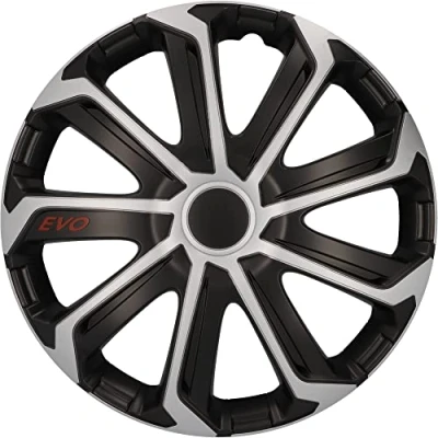 Abbildung von cartrend Radkappen Evo, 15 Zoll, für alle gängigen Stahlfelgen, aus Spezial ABS Qualitätskunststoff, schlagfest, zweischichtige Metallic Lackierung, überlackierbar, schwarz silber, 4 Stück