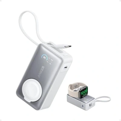 Abbildung von Anker MagGo Powerbank für Apple Watch, offiziell Zertifiziert, 10.000mAh kompaktes Akkupack mit integriertem USB C Kabel, 35W Max., iPhone 16, 15 Serie, iPad, AirPods und mehr
