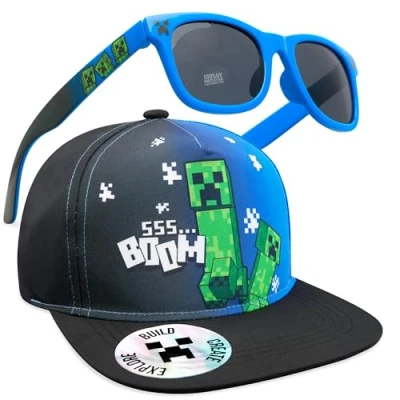 Abbildung von Minecraft Baseball Cap Kinder 2er Set Snapback &amp; UV Sonnenbrille Jungen Sonnenschutz Gamer Geschenke für Jungs (Schwarz/Blau)