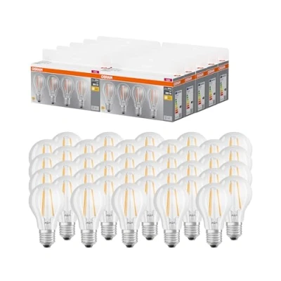 Abbildung von OSRAM LED BASE A60, Vorteilspack mit 40 Leuchtmittel, ersetzt herkömmliche 60W Glühbirnen, 6.5W, warmweiß (2700K), Filament Glas, nicht dimmbar, Birnenform, E27