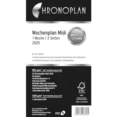 Abbildung von Chronoplan 50545 Kalendereinlage 2025 (Wochenplan Midi (96x172mm) Ersatzkalendarium für Terminplaner, ideal detaillierte Wochenplanung, 1 Woche auf 2 Seiten in Spalten, mit Universallochung) weiß
