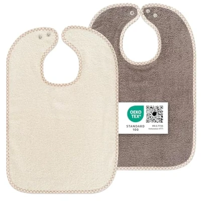 Abbildung von Wörner Baby Lätzchen 2er Set 2x Kinderlätzchen mit Druckknopf / 100% Baumwolle, OEKO TEX® Standard 100, größenverstellbar, sehr saugfähig Braun Beige