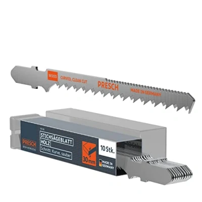 Abbildung von Presch Stichsägeblätter Holz 10 Stk. (Kurve) Sehr sauberer Kurvenschnitt (4 30mm) Stichsägeblatt Set zweiseitig T Schaft für jede Stichsäge Sägeblätter Spanplatten, OSB, uvm.