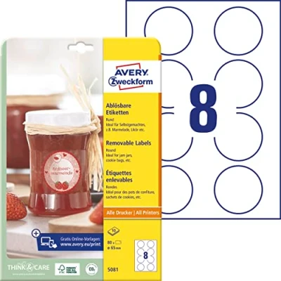 Abbildung von AVERY Zweckform Marmeladenetiketten Art. 5081 (80 Aufkleber ablösbar, Ø 65mm auf A4, rund, für Einmachgläser, Gewürzgläser, Gebäcktüten, Geschenke und Selbstgemachtes aus der Küche) 10 Blatt weiß