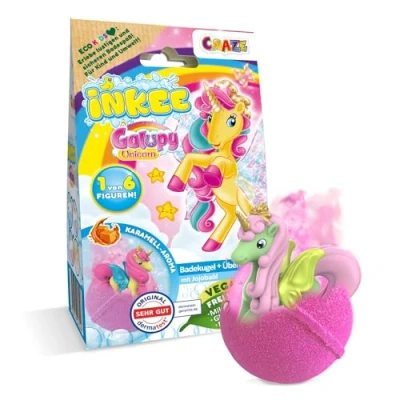 Abbildung von INKEE GALUPY Unicorn Badebombe Kinder mit Überraschung, Badekugel 100g Einhornfiguren, Karamellduft &amp; Jojobaöl