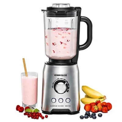 Abbildung von ROMMELSBACHER Standmixer MX 1250 22.000 U/min, stufenlose Drehzahlregulierung, Funktionstasten (Smoothie, Clean/Pulse, Ice Crush), Glaskrug, Edelstahlgehäuse, Spezialmesser, 1200 Watt