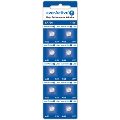 Abbildung von everActive AG3 1.5V, 10x Batterien, Alkaline, Mini, G3 LR736 LR41, 5 Jahre Haltbarkeit, 10 Stück 1 Blisterkarte, Silber, EVAG3