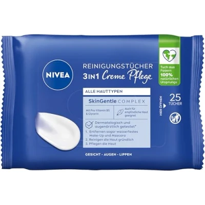 Abbildung von NIVEA Reinigungstücher 3in1 Creme Pflege, sanfte Abschminktücher für wasserfestes Make Up, Gesichtsreinigung alle Hauttypen mit Duft &amp; Pflege der (25 Stück)