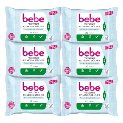 Abbildung von bebe Pflegende Reinigungstücher (6 x 25 Tücher) mit Kokoswasser, besonders milde Abschminktücher aus Fasern 100% pflanzlichen Ursprungs für trockene &amp; empfindliche Haut