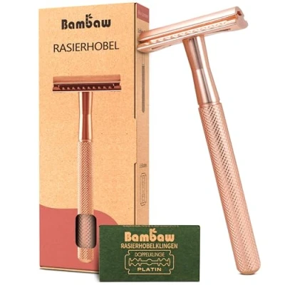 Abbildung von Bambaw Rasierhobel Damen und Herren mit 5 Rasierklingen Metall Rasierer Frauen Nassrasierer Eco Zero Waste