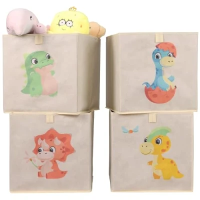 Abbildung von Navaris Aufbewahrungsbox Kinderzimmer 4er Set 33 x 33cm Kinder Spielzeug Box Dinosaurier Design Kisten Baby Ordnungsboxen Aufbewahrungsboxen Toybox
