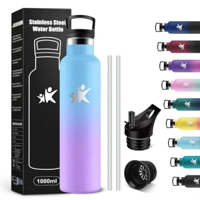 Abbildung von KollyKolla Thermosflasche 1L, Wasserflasche Kohlensäure Geeignet, Trinkflasche Edelstahl mit Strohhalm, Thermoskanne BPA frei, Isolierflasche Auslaufsicher, für Büro, Camping, Fahrrad, Fitness