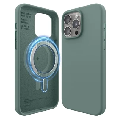 Abbildung von elago Magnetische Silikonhülle Kompatibel mit iPhone 15 Pro Max Hülle, MagSafe Alles Zubehör, Integrierte Magnet, Premium Silikon, Ganzkörper Schutzhülle [5 Lagige Struktur] (Nachtgrün)