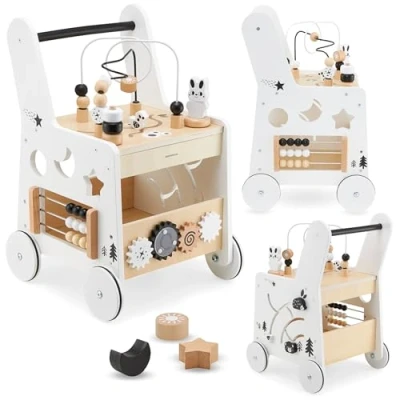 Abbildung von Mamabrum, Lauflernhilfe aus Holz, Lauflernwagen mit 6 in 1 Funktionen, Spielzeug für die Früherziehung, Spielset: Motorschleife, Zählen, Sortierer, Bauklötze, Anti Rutsch Rädern