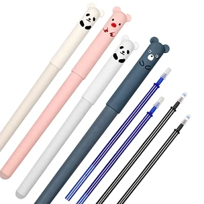 Abbildung von Eokeey Radierbarer Kugelschreiber, Cartoon Stift Radierbar, 4 Erasable Pen mit Nachfüllungen, Löschbaren Gelstiften für Kinder Studenten Schule Büro (Schwarze, Blaue)