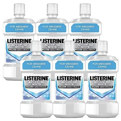 Abbildung von LISTERINE Advanced White milder Geschmack (6 x 500 ml), Antibakteriell Mundspülung zur Entfernung hartnäckiger Zahnverfärbungen, für weißere Zähne in nur 1 Woche
