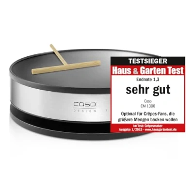 Abbildung von CASO CM 1300 Crêpes Maker, Testsieger Haus &amp; Garten Test, Antihaft‐Beschichtung, Schieberegler, inkl. Teigverteiler und Crêpes‐Wender aus Holz, Schwarz, Edelstahl
