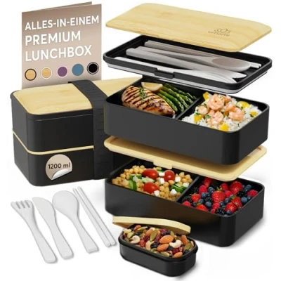 Abbildung von Umami Brotdose mit Fächern und 4 Bestecke, Alles in Einem Lunchbox Erwachsene für Männer/Frauen, 2 Soßentöpfe, Auslaufsicher Bento Box Brotbox