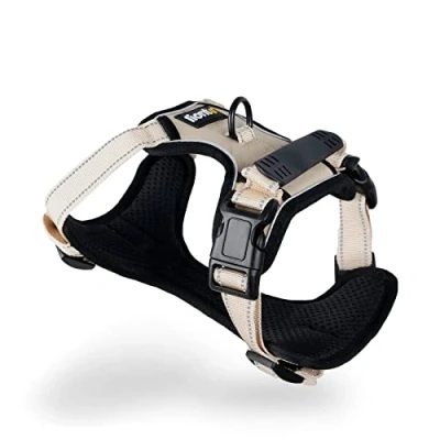 Abbildung von lionto Hundegeschirr gepolstert aus weichem Nylon, Größe S, reflektierendes Anti Zug Geschirr für Hunde mit 2 Ringen &amp; 4 Einstellgurten, Zwei Klickverschlüsse gummierter Griff am Rücken, beige