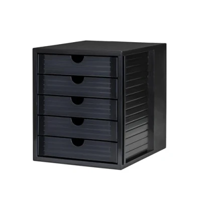 Abbildung von HAN Schubladenbox Systembox Karma mind 80 Prozent Recycling Kunststoff mit 5 geschlossenen Schubladen, Inkl. Auszugsperre plus Beschriftungsclip, Gummifüße, Schwarz, 14508 13