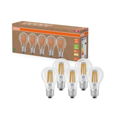 Abbildung von OSRAM Hocheffiziente LED Lampen mit Energieeffizienz Klasse A, Vorteilspack 5 Leuchtmittel, ersetzt herkömmliche 100W Glühbirnen, warmweiß(2700K), E27, Filament Glas, Klar
