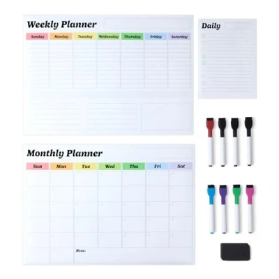 Abbildung von Amazon Basics Whiteboardplaner Set, magnetisch, trocken abwischbar, für Kühlschrank, 3 Stück, 8 Marker und Tafelwischer, Weiß