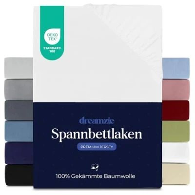 Abbildung von Dreamzie Premium Spannbettlaken 80x200 cm, Spannbetttuch für Dicke Matratzen bis zu 12 Bettlaken 100% Jersey Baumwolle, 150 g/m², Oeko TEX Zertifiziert Weiß