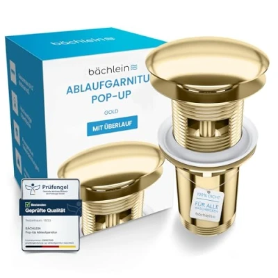 Abbildung von Bächlein Universal Ablaufgarnitur mit Überlauf (Gold) Pop Up Ventil für Waschbecken und Waschtisch Ablaufventil Abflussgarnitur aus Messing Einbauanleitung