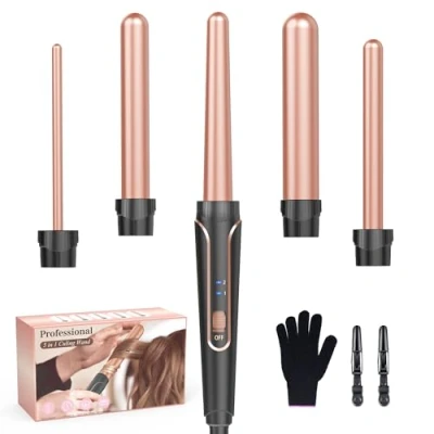 Abbildung von Lockenstab set 5 in 1 Welleneisen Lockenstäbe für Große Keine Locken Keramik Lockenwickler mit Verschiedenen Aufsätzen Temperatureinstellung Schnelle Erwärmung Handschuh und 2 Clips