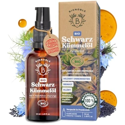Abbildung von Bionoble Schwarzkümmelöl Bio 50ml Glasflasche + Pipette Pumpe 100% Kaltgepresst Ungefiltert Gesicht, Körper, Haare Ägyptisches Schwarzkümmel Öl Vegan Organic Black Seed Oil