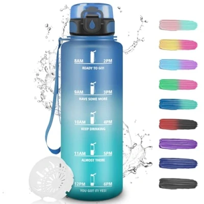 Abbildung von Wasserflasche 1.5 liter, Trinkflasche Sport mit Filter, Uhrzeit, Water Bottle, Leicht zu Reinigen, Auslaufsicher, für Fitness, Wandern, Camping, Blau Grün