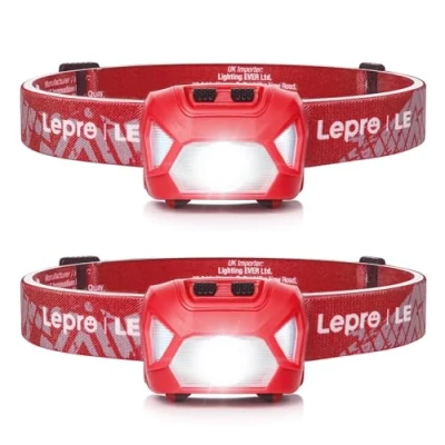 Abbildung von Lepro Stirnlampe, 1300 Lux LED XPG Kopflampe mit 6 Lichtmodi Scheinwerfer und Rotlicht, IPX4 spritzwassergeschütztes Gehäuse, Batteriebetrieben Stirnlampen, Ideal für Camping Joggen, Rot, 2 Stück